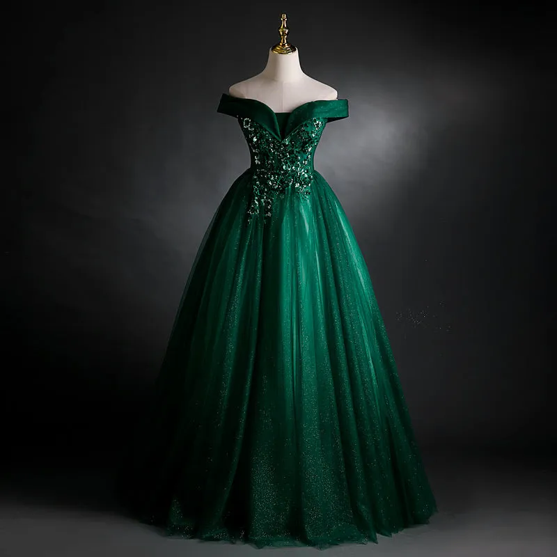 Dark Green Sweetheart Off Shoulder Long Party Dress with Lace Applique, Green Prom Dress