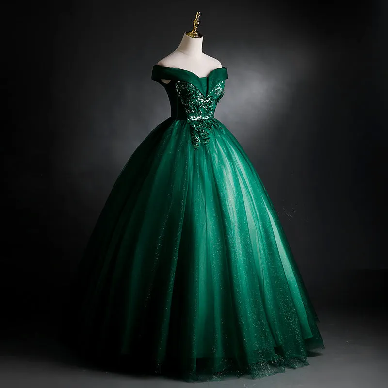 Dark Green Sweetheart Off Shoulder Long Party Dress with Lace Applique, Green Prom Dress