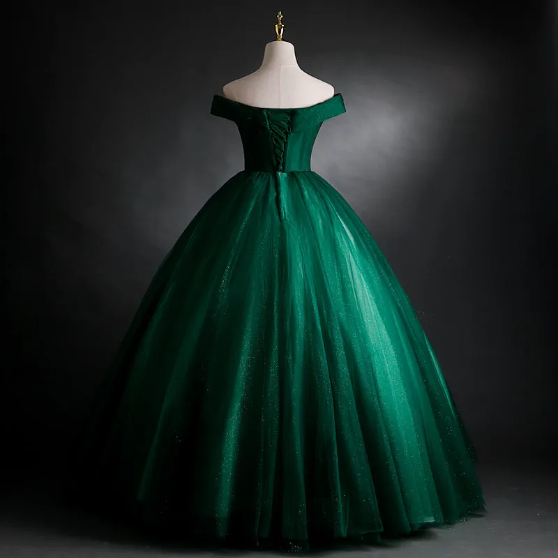 Dark Green Sweetheart Off Shoulder Long Party Dress with Lace Applique, Green Prom Dress