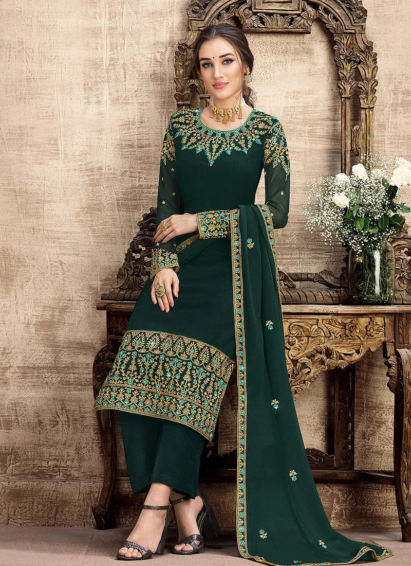 Dark Green Traditional Embroidered Pant Style Suit
