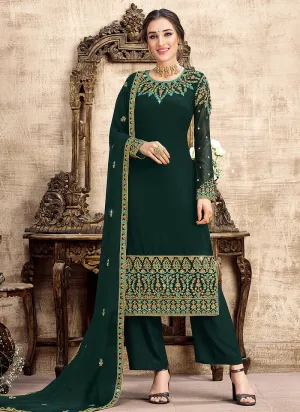 Dark Green Traditional Embroidered Pant Style Suit