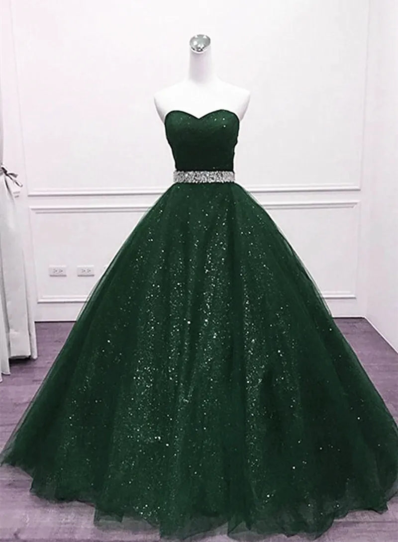 Dark Green Tulle Beaded Long Party Dress, Green Ball Gown Evening Gown