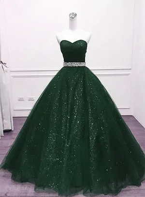 Dark Green Tulle Beaded Long Party Dress, Green Ball Gown Evening Gown