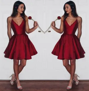 Dark Red Short Satin Prom Homecoming Dress,Burgundy Bridesmaid Dress,Short Cheap Burgundy Homecoming Dress Under 100