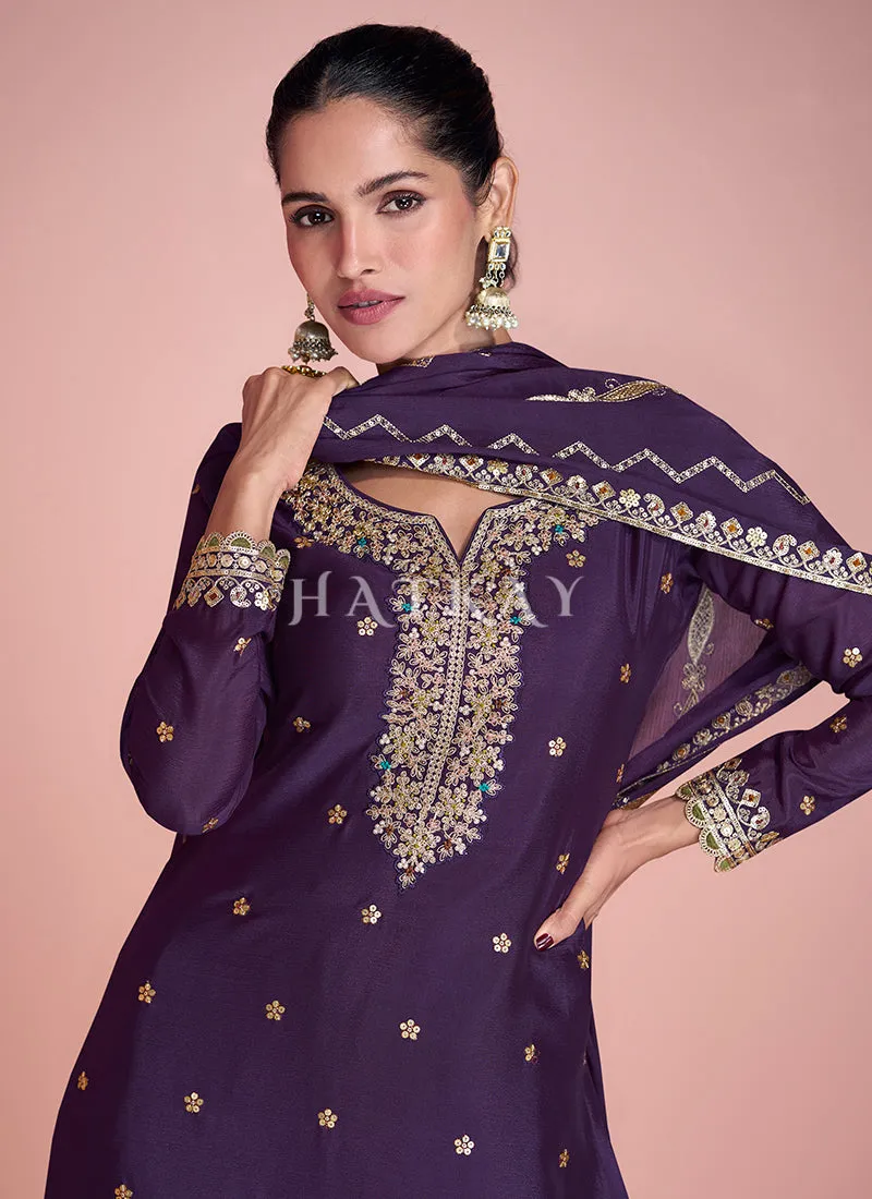 Deep Purple Embroidered Sharara Suit