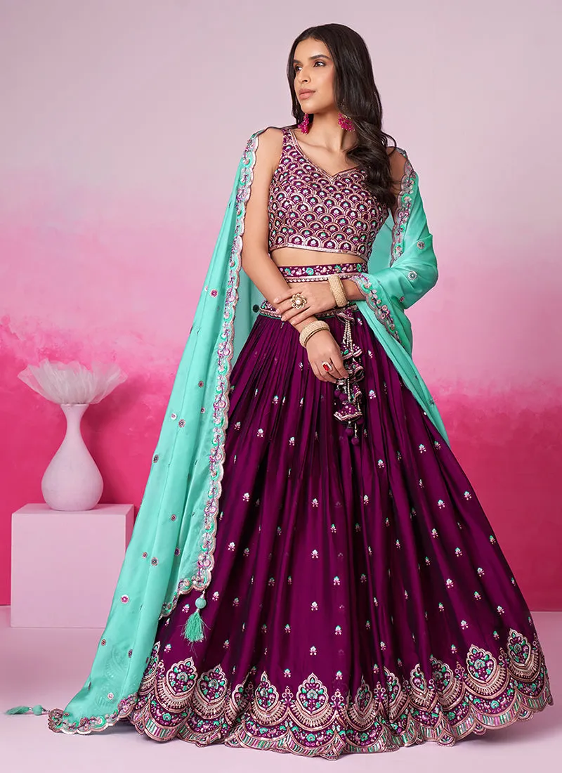 Deep Purple Multi Embroidered Bridal Lehenga Choli