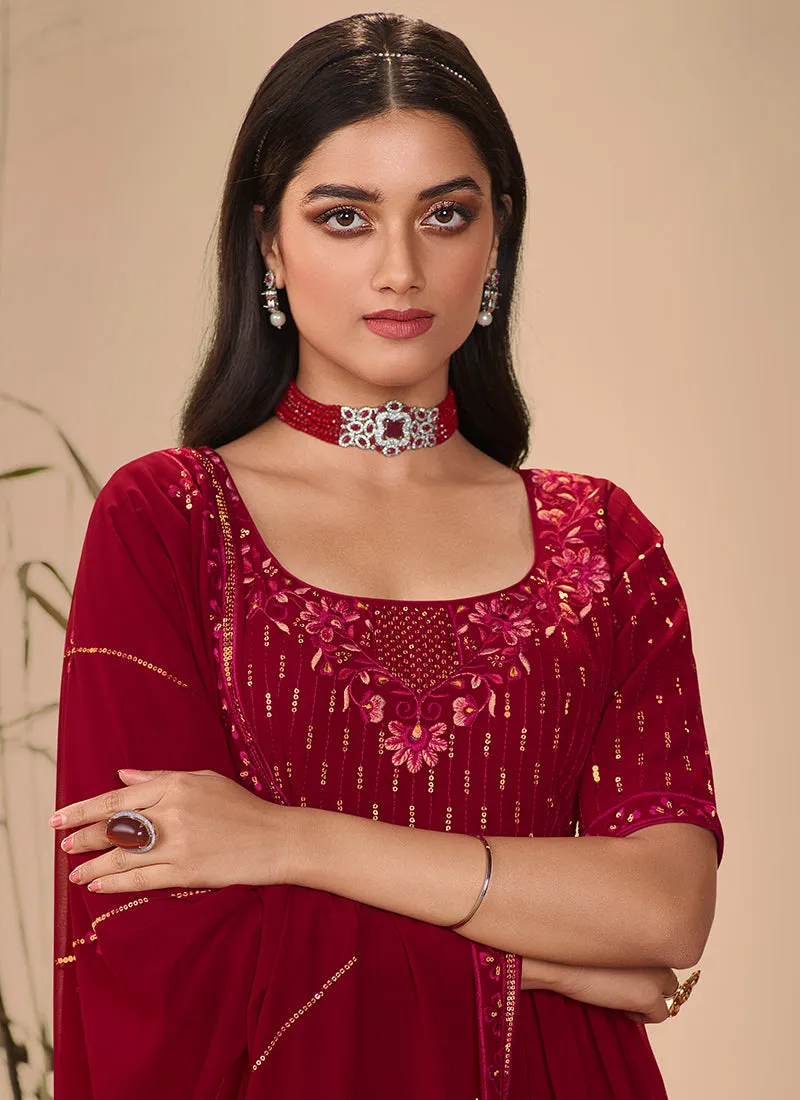 Deep Red Sequence Embroidered Festive Palazzo Suit