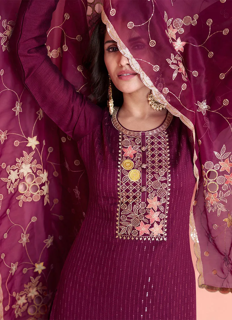 Deep Wine Embroidery Silk Palazzo Suit