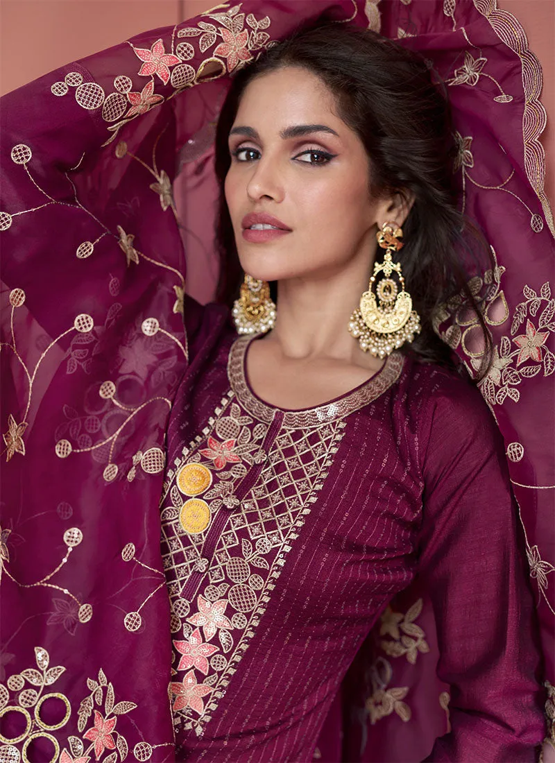 Deep Wine Embroidery Silk Palazzo Suit