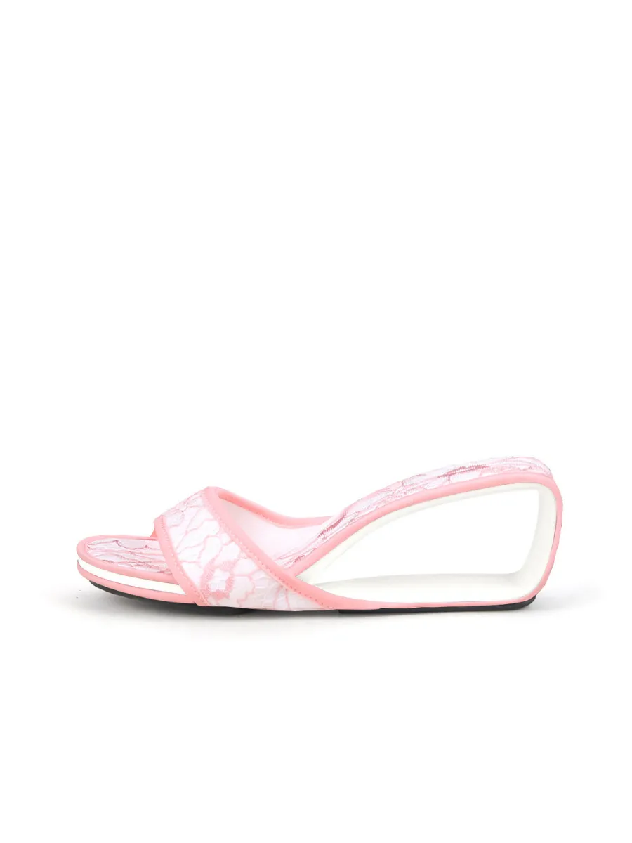 Delicate Balance Lace Mesh Leather Slide - Pink