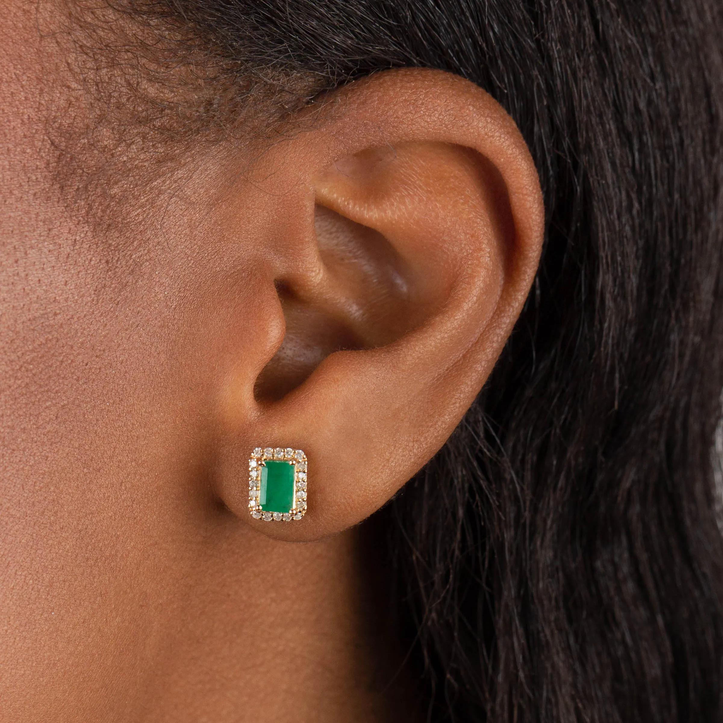 Diamond X Emerald Square Stud Earring 14K