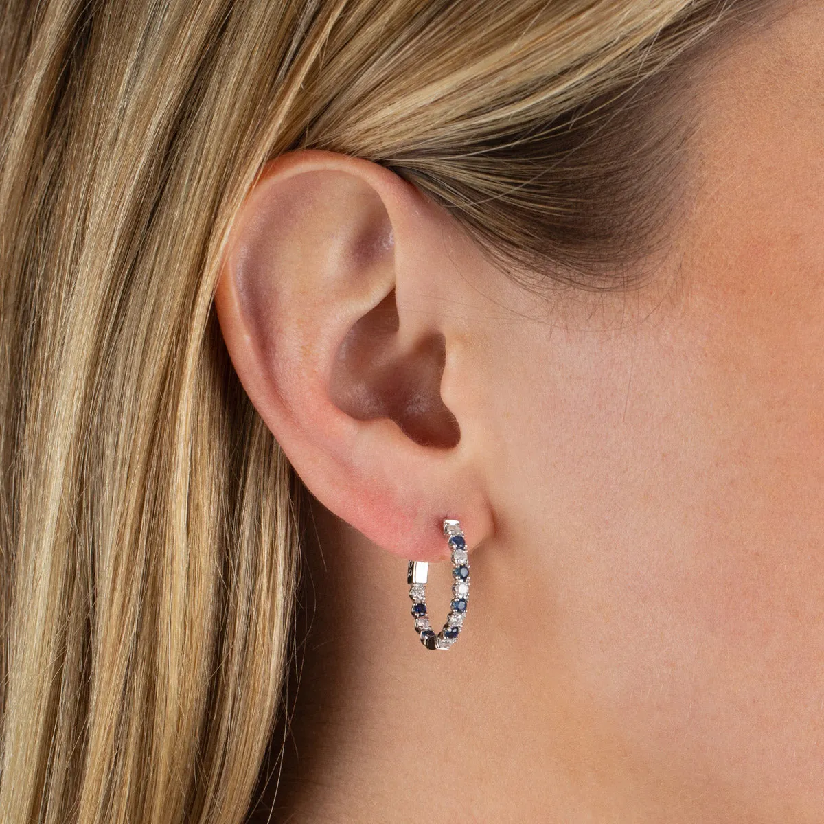 Diamond X Sapphire Oval Huggie Earring 14K