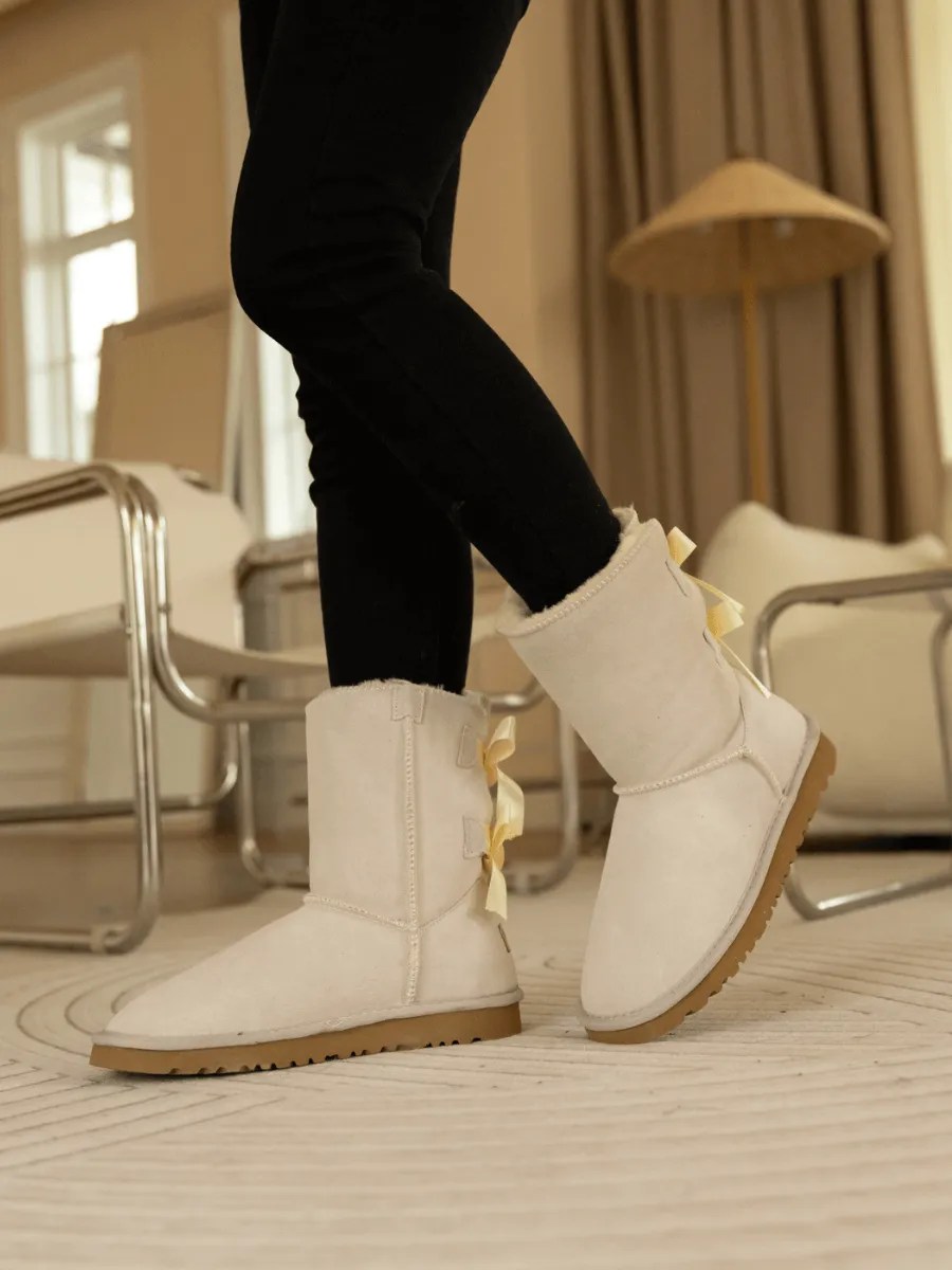 Double Ballet Ribbon Bow Suede Shearling Boots - Ivory