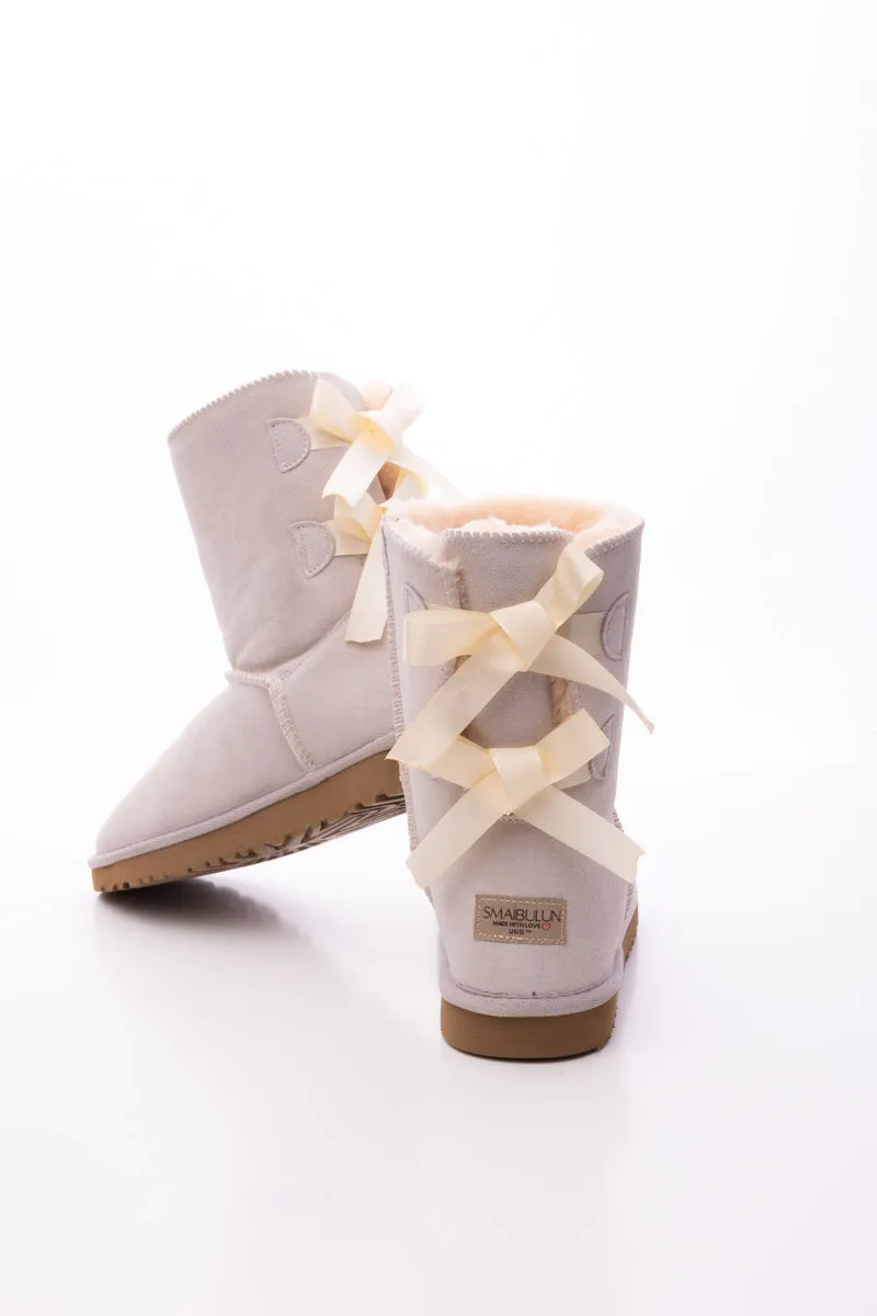Double Ballet Ribbon Bow Suede Shearling Boots - Ivory