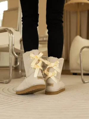 Double Ballet Ribbon Bow Suede Shearling Boots - Ivory