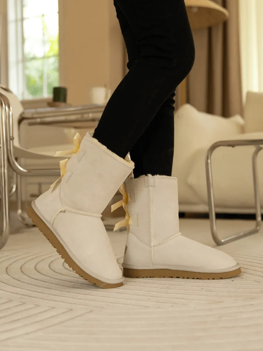 Double Ballet Ribbon Bow Suede Shearling Boots - Ivory