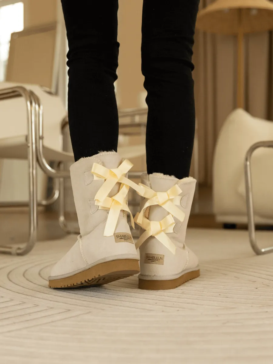 Double Ballet Ribbon Bow Suede Shearling Boots - Ivory