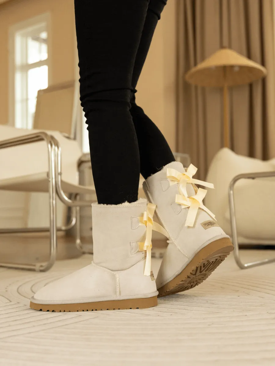 Double Ballet Ribbon Bow Suede Shearling Boots - Ivory