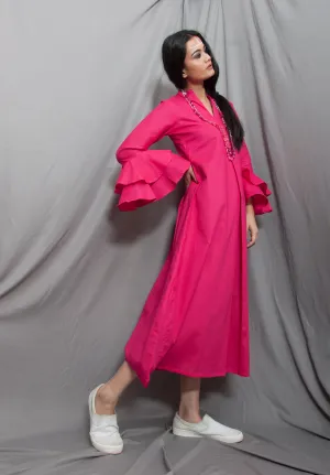 Dust - Hot Pink Long Cowl Dress With Bell Sleeves