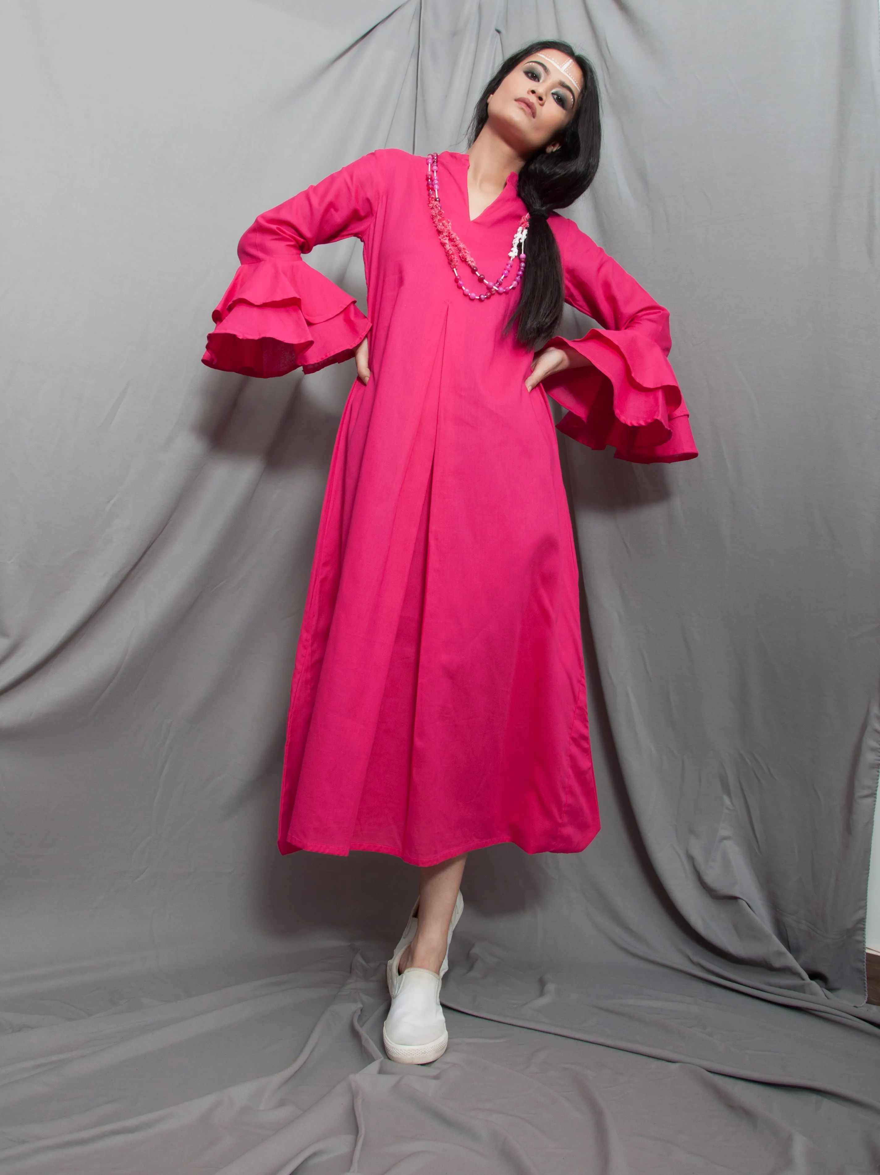 Dust - Hot Pink Long Cowl Dress With Bell Sleeves
