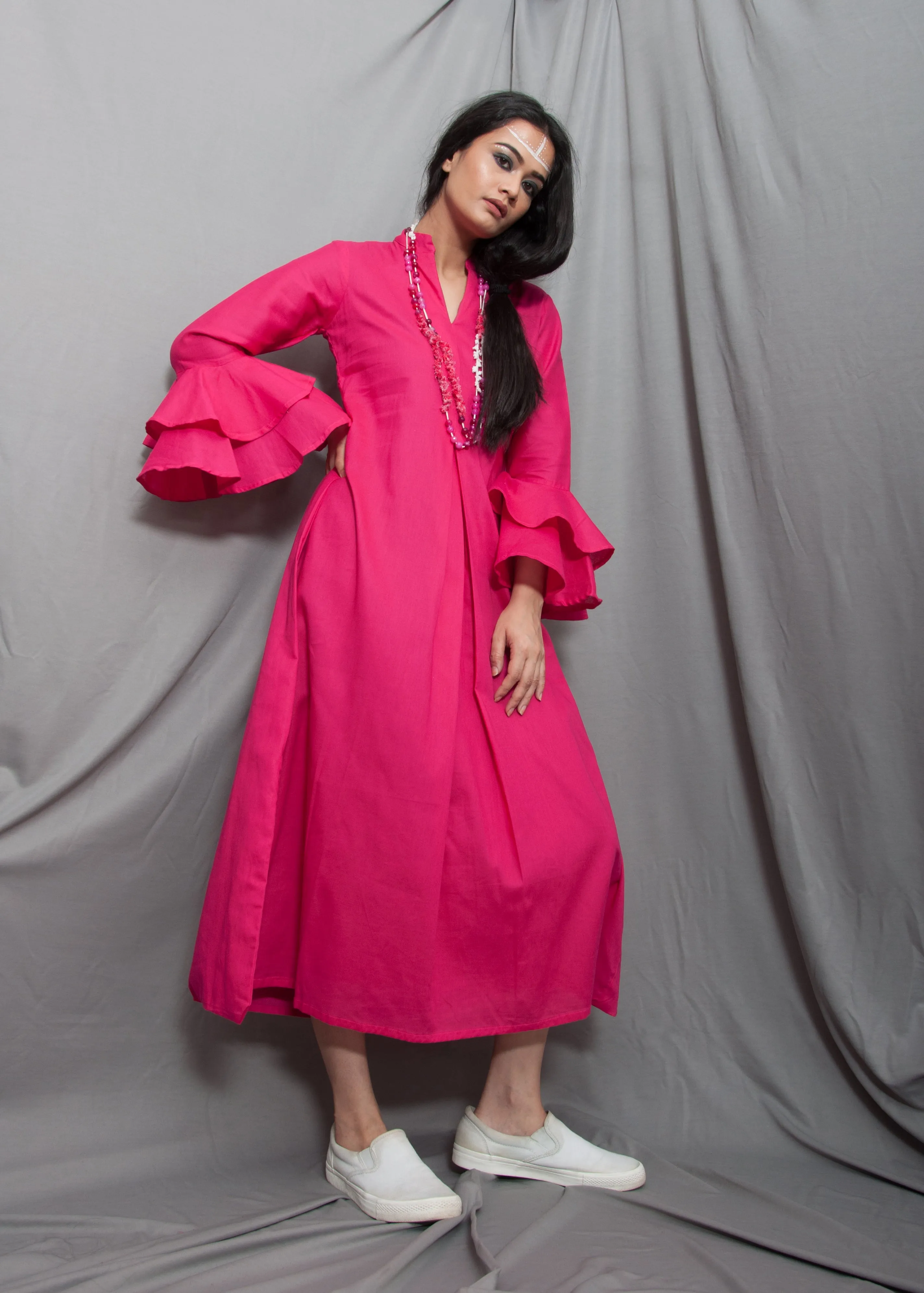 Dust - Hot Pink Long Cowl Dress With Bell Sleeves
