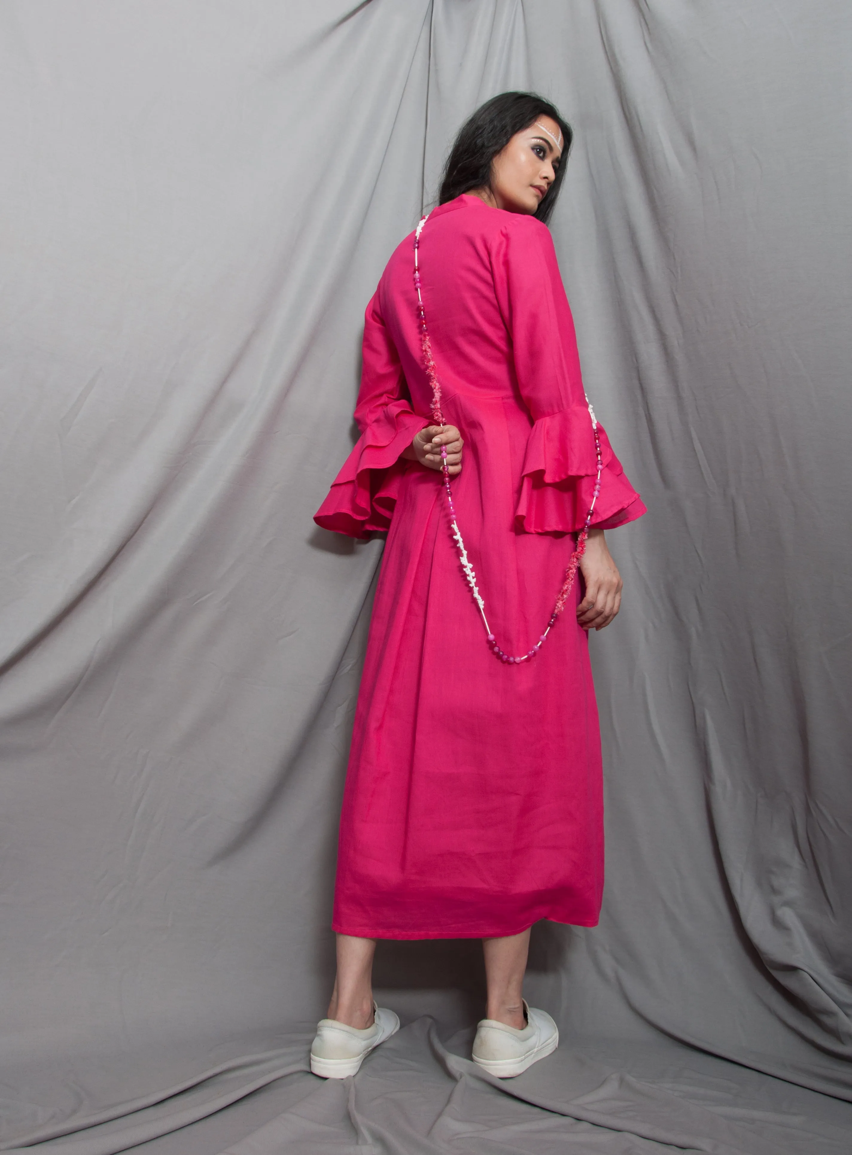 Dust - Hot Pink Long Cowl Dress With Bell Sleeves