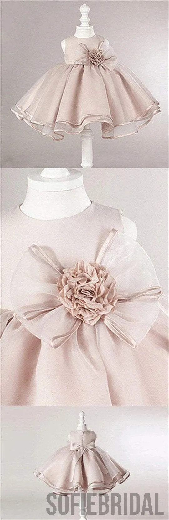 Dusty Pink Satin Tulle Zip Up Flower Girl Dresses, Lovely Little Girl Dresses with Flower Bow, FG030