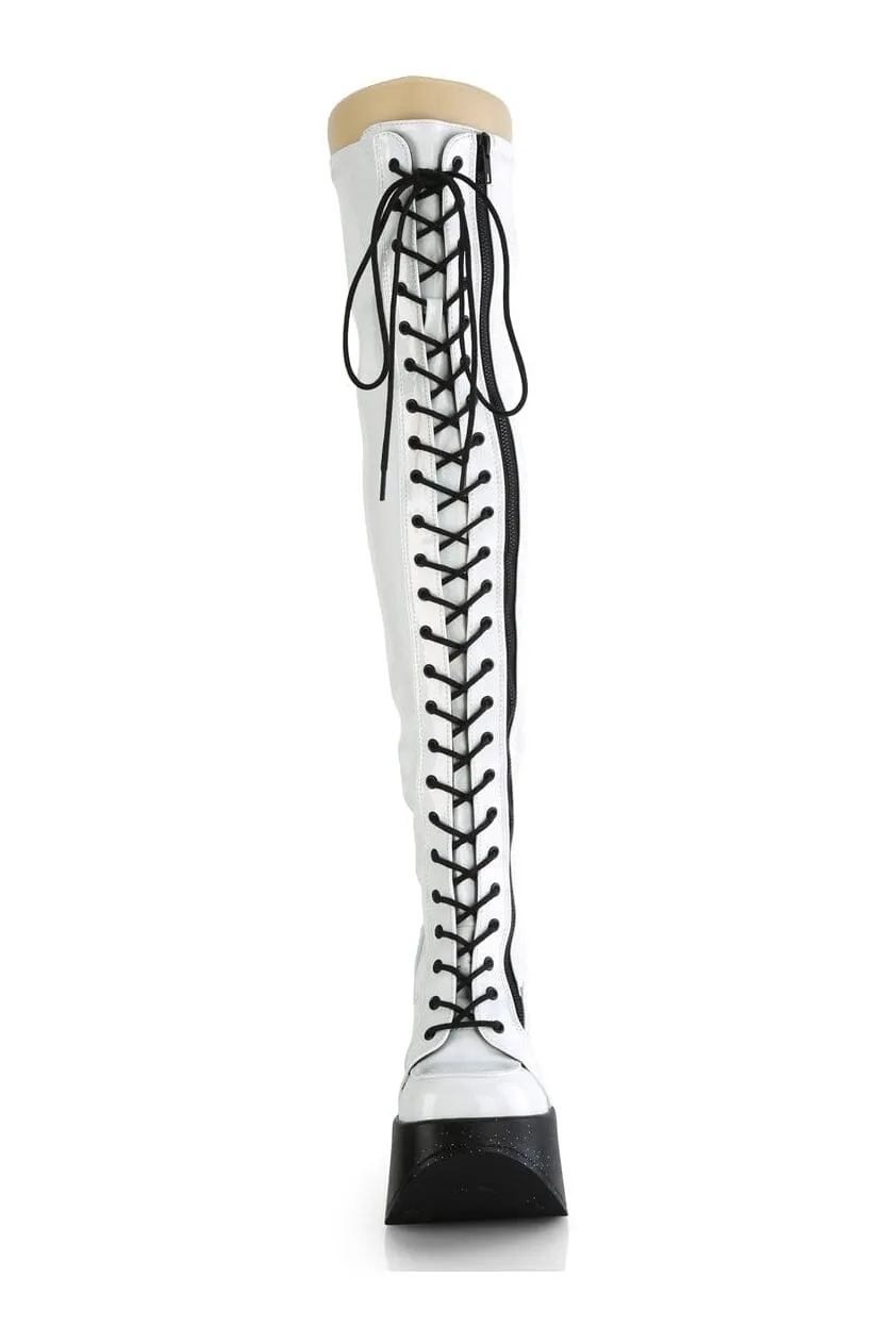 DYNAMITE-300 White Hologram Patent Thigh Boot