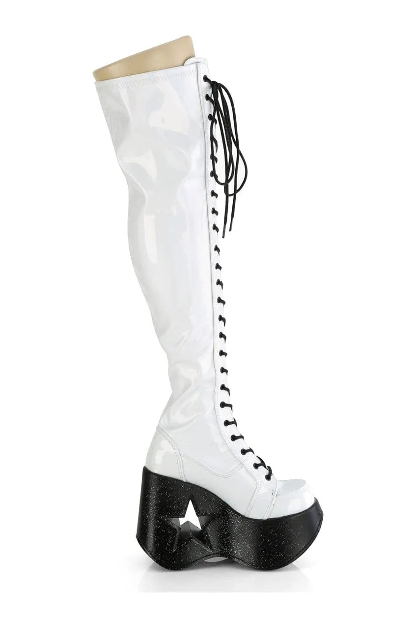 DYNAMITE-300 White Hologram Patent Thigh Boot
