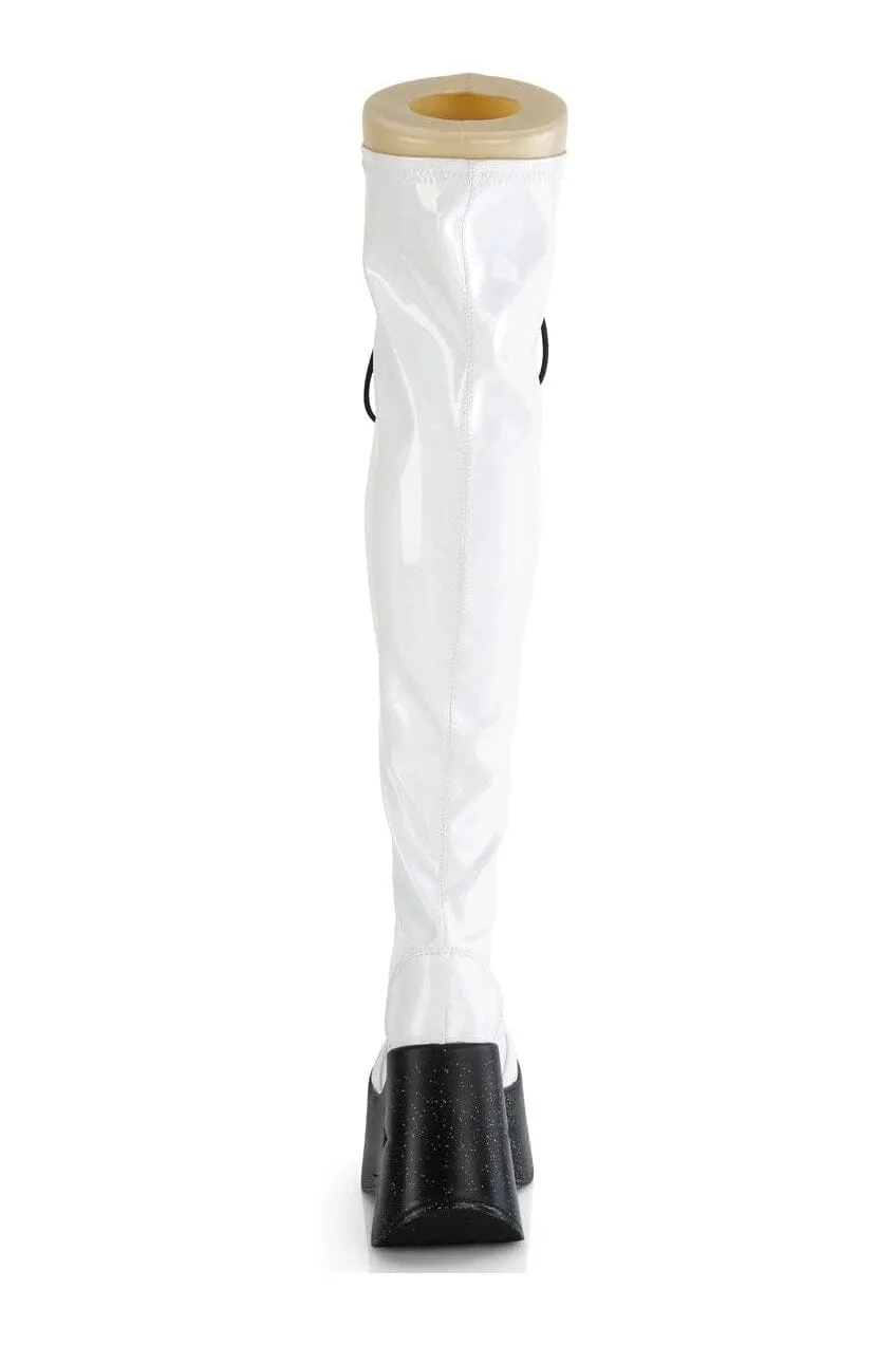 DYNAMITE-300 White Hologram Patent Thigh Boot