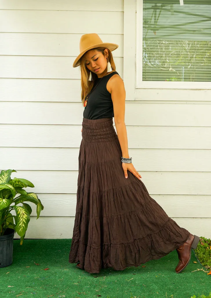 Earthy Boho Raw Crinkled Organic Cotton Gauze Tiered Maxi Skirt