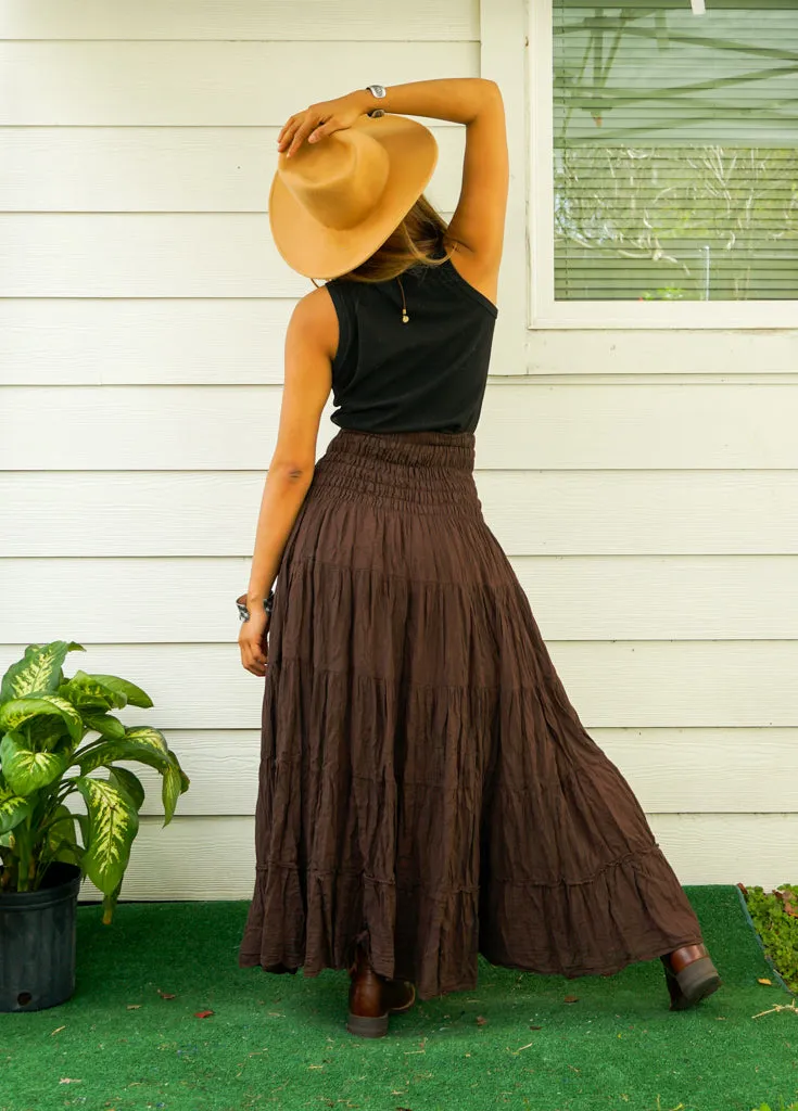 Earthy Boho Raw Crinkled Organic Cotton Gauze Tiered Maxi Skirt