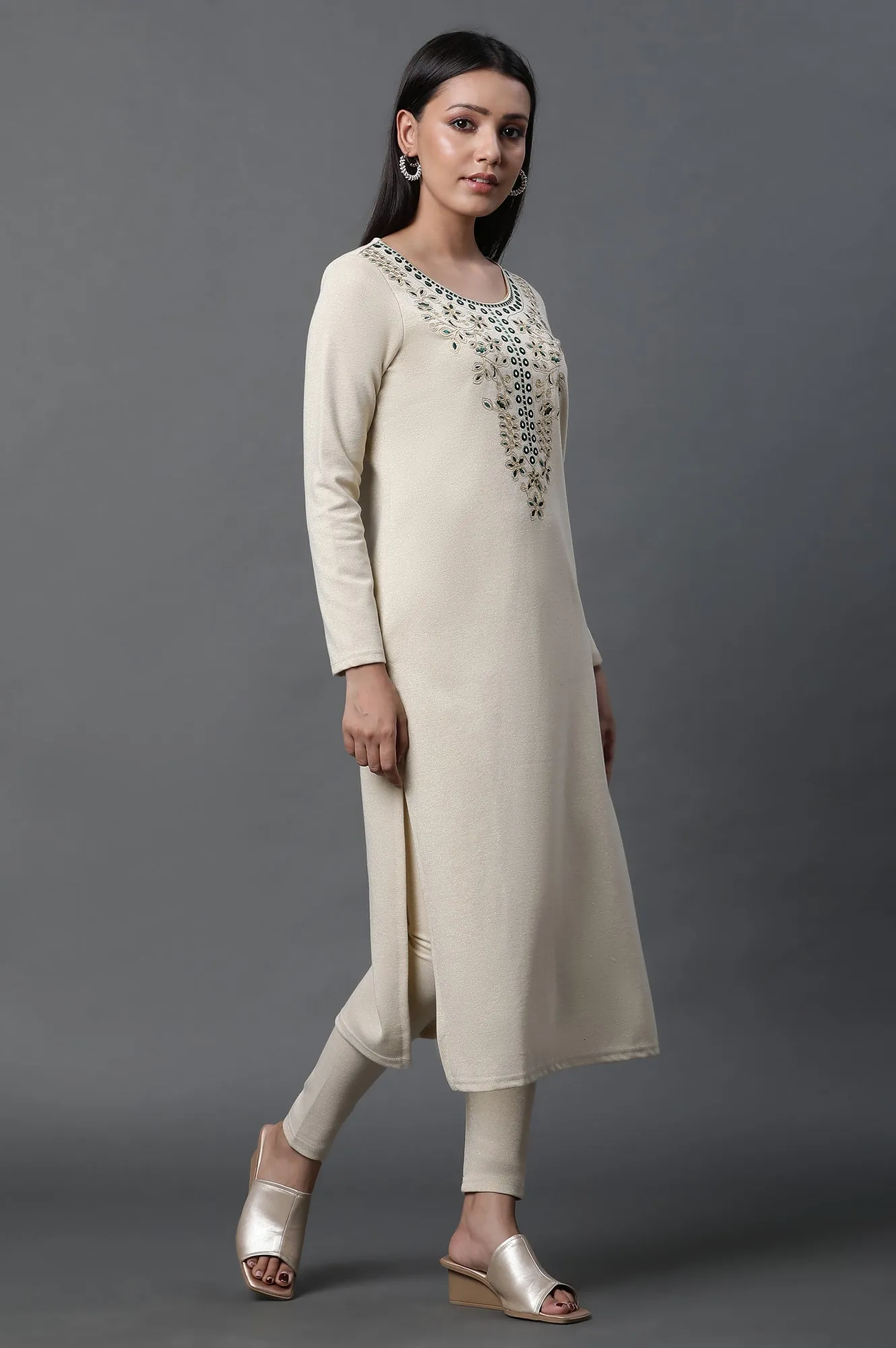 Ecru Embroidered Winter Kurta and Tights Set