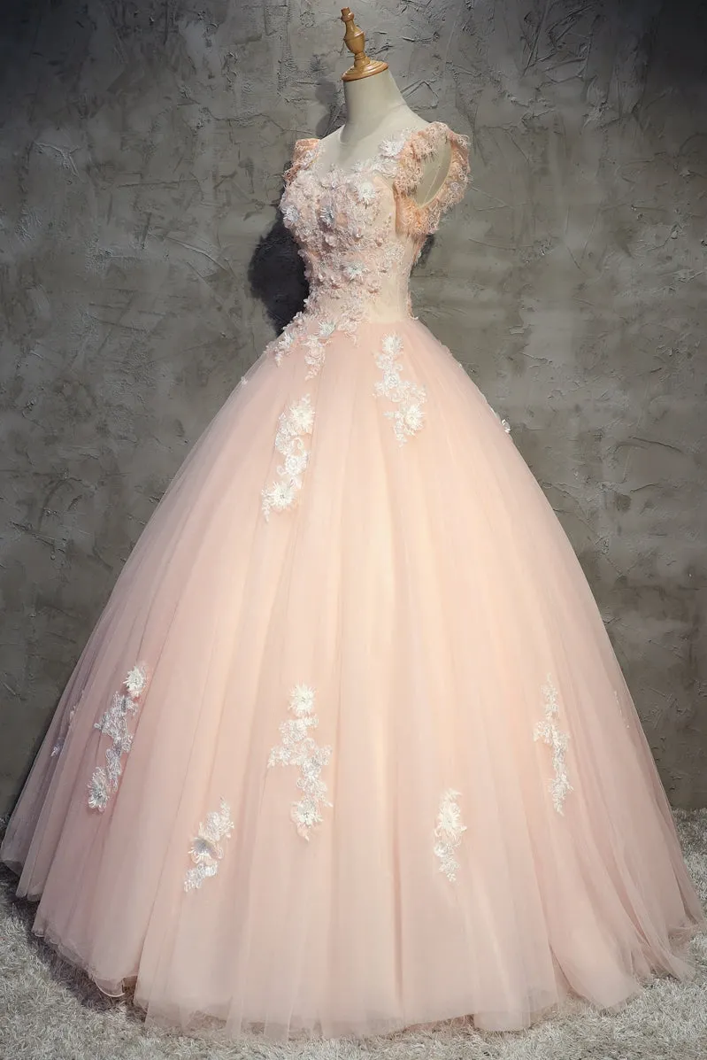 Eelgant Pink Round Neckline Prom Dress, Pink Sweet 16 Dresses