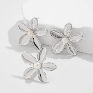 Elegant Gold Silver Tone Pearl Flower Earrings Ring Set