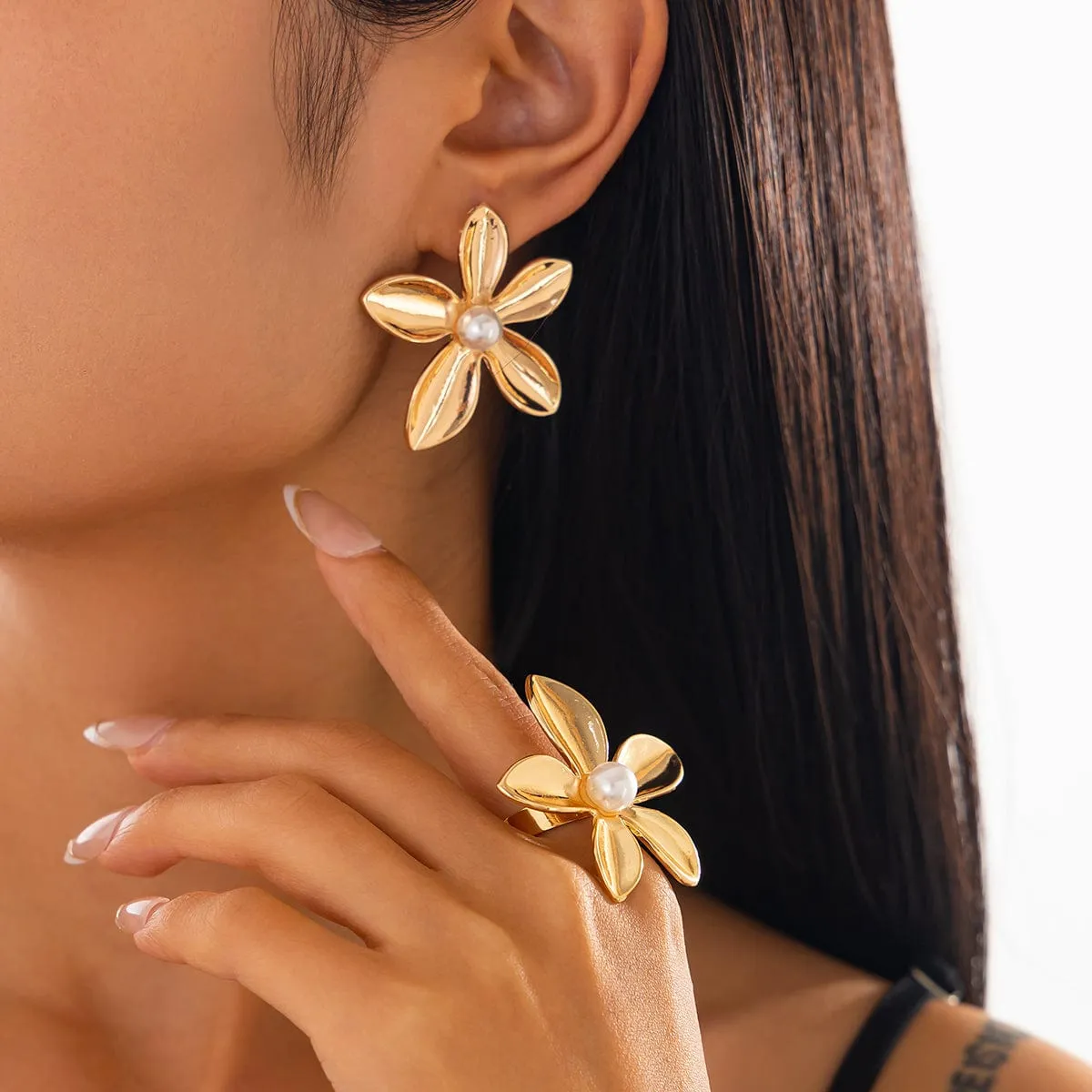Elegant Gold Silver Tone Pearl Flower Earrings Ring Set
