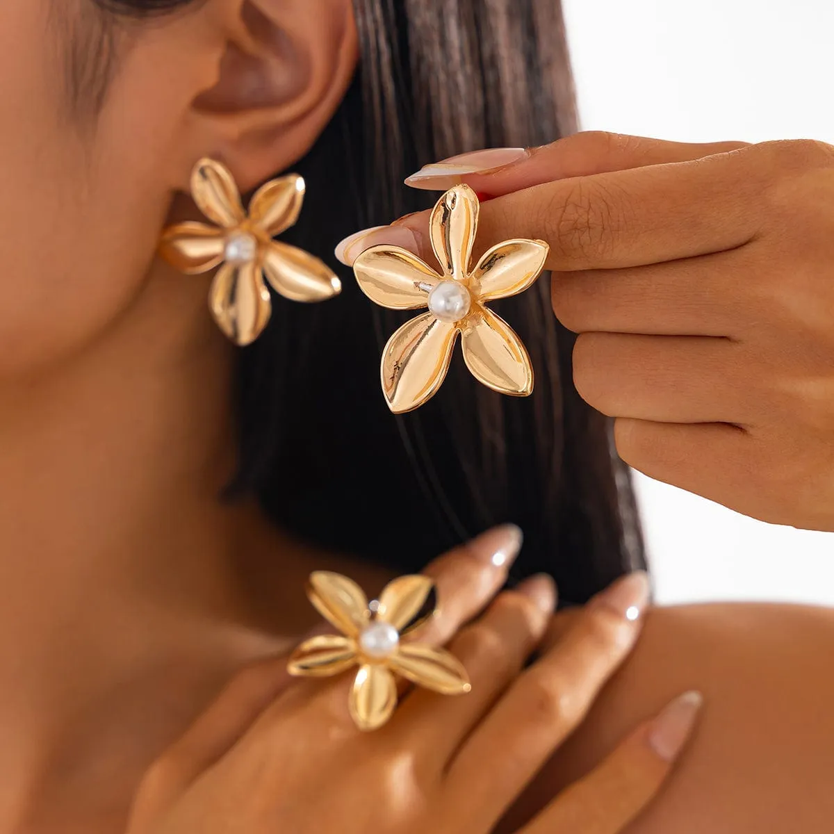 Elegant Gold Silver Tone Pearl Flower Earrings Ring Set