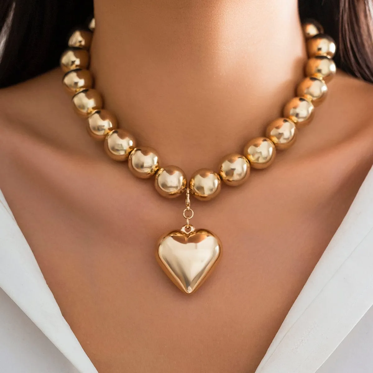 Elegant Heart Pendant Chunky Ball Chain Choker Necklace