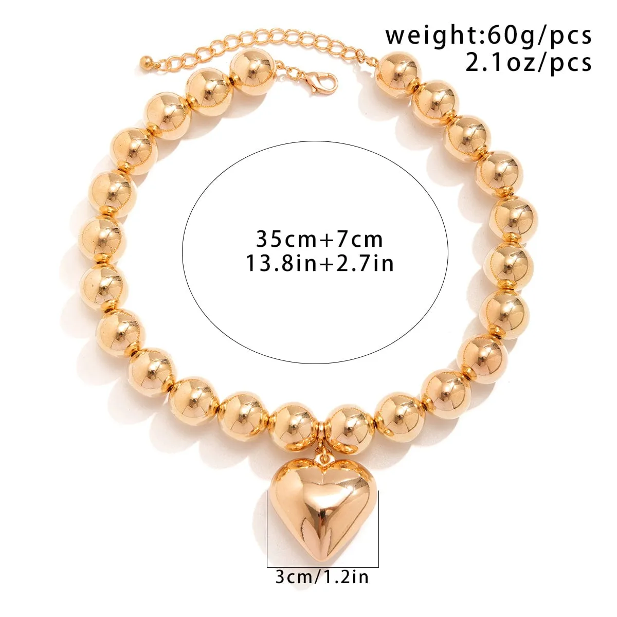 Elegant Heart Pendant Chunky Ball Chain Choker Necklace