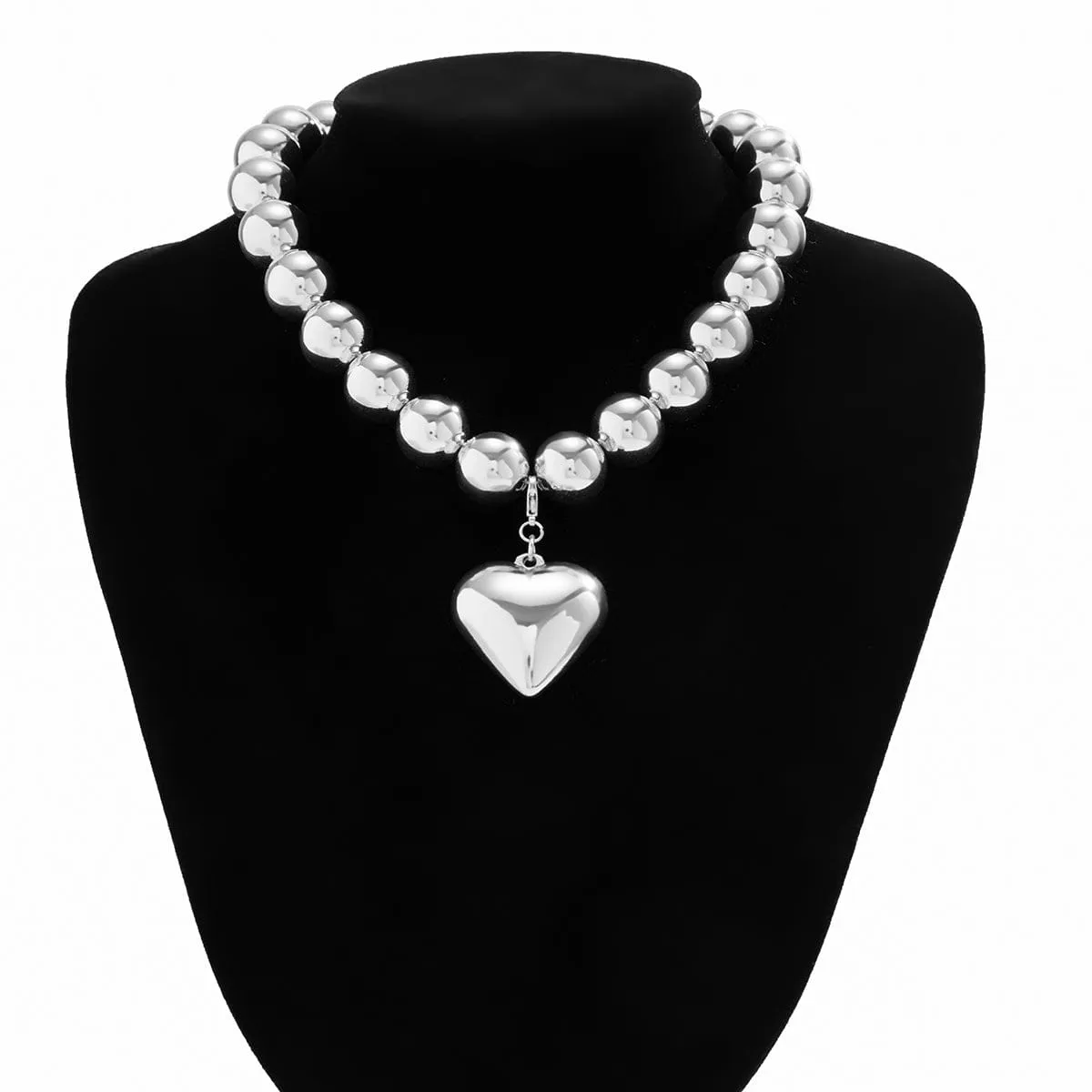 Elegant Heart Pendant Chunky Ball Chain Choker Necklace