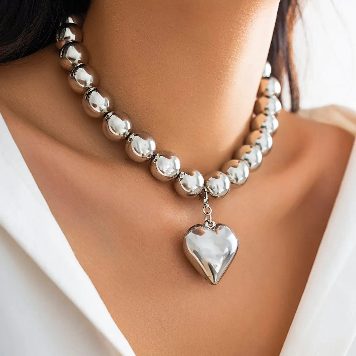 Elegant Heart Pendant Chunky Ball Chain Choker Necklace