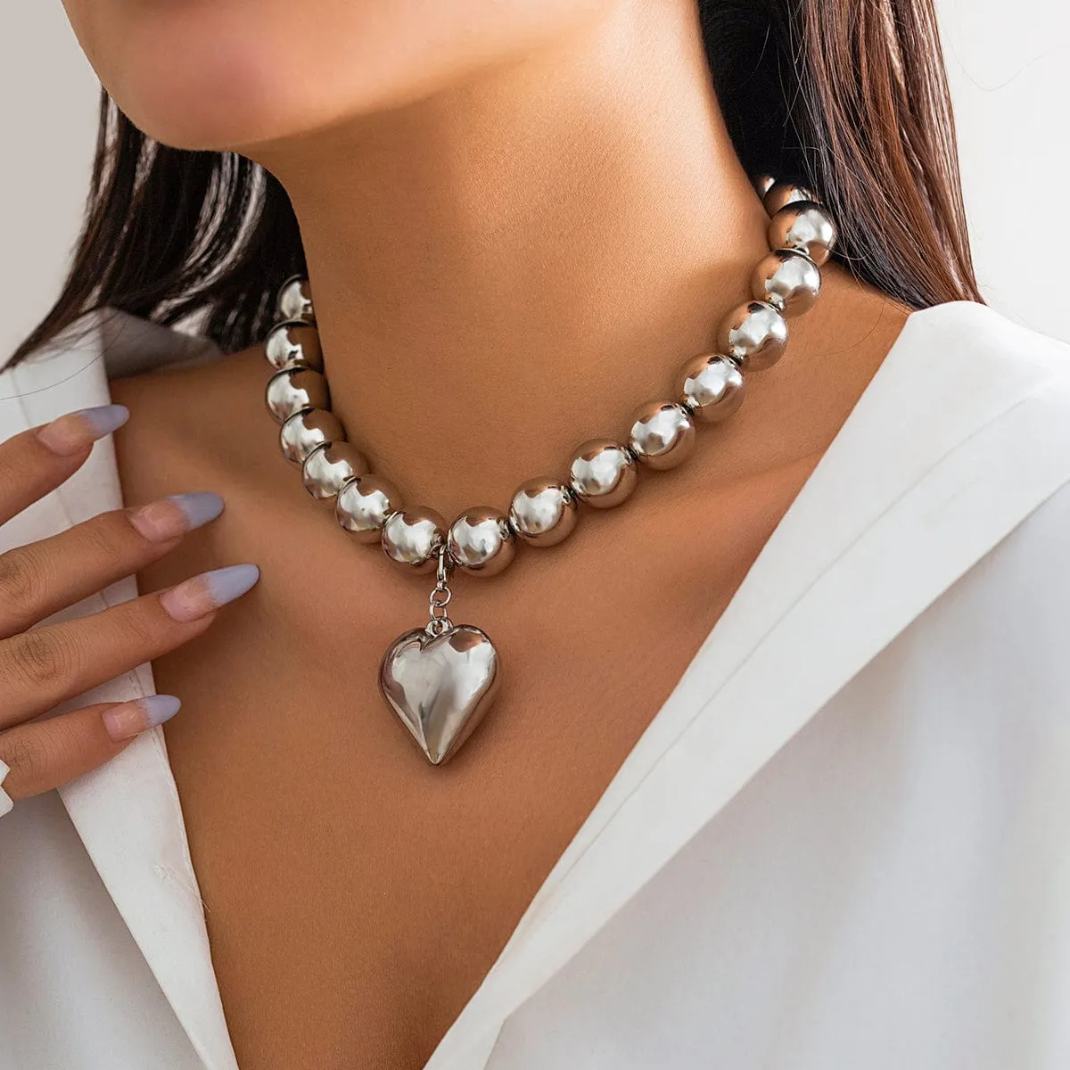 Elegant Heart Pendant Chunky Ball Chain Choker Necklace