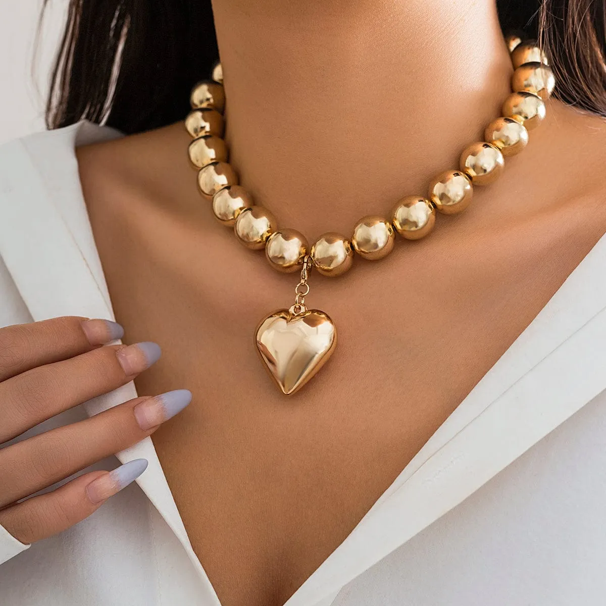 Elegant Heart Pendant Chunky Ball Chain Choker Necklace