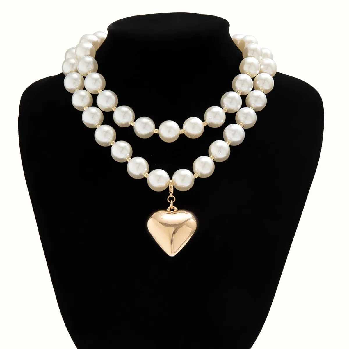 Elegant Layered Heart Pendant Chunky Pearl Chain Choker Necklace Set
