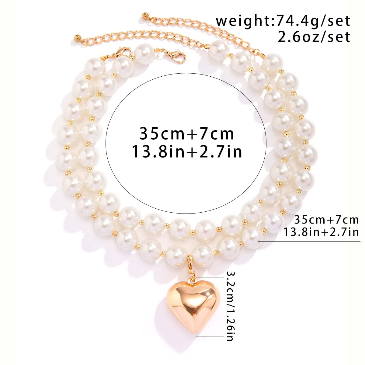 Elegant Layered Heart Pendant Chunky Pearl Chain Choker Necklace Set