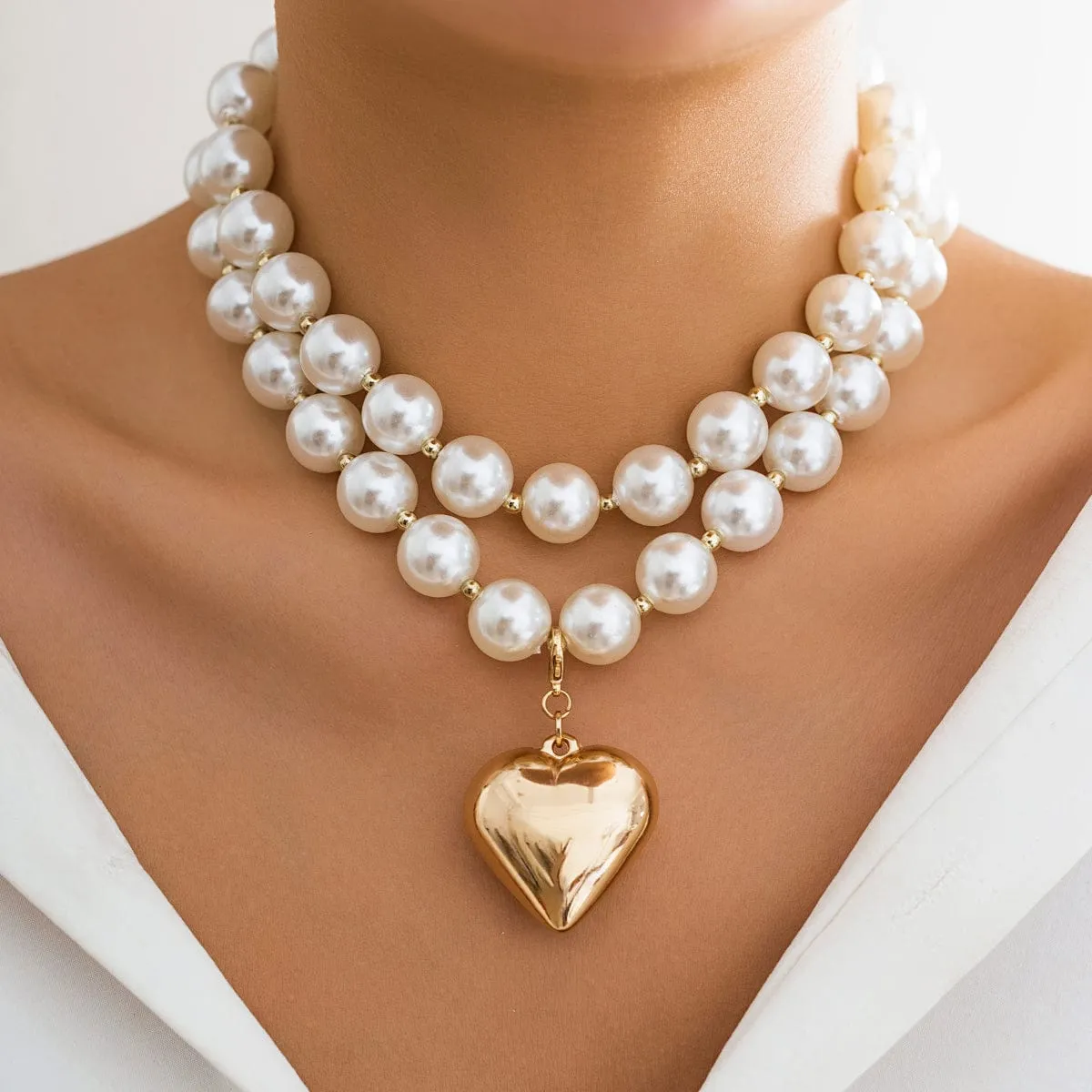 Elegant Layered Heart Pendant Chunky Pearl Chain Choker Necklace Set