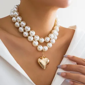 Elegant Layered Heart Pendant Chunky Pearl Chain Choker Necklace Set