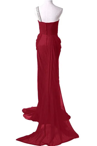 Elegant One Shoulder A-line Long Chiffon Burgundy Prom Dress With Beading Watteau Train L032