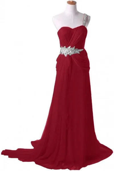 Elegant One Shoulder A-line Long Chiffon Burgundy Prom Dress With Beading Watteau Train L032