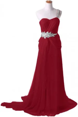 Elegant One Shoulder A-line Long Chiffon Burgundy Prom Dress With Beading Watteau Train L032